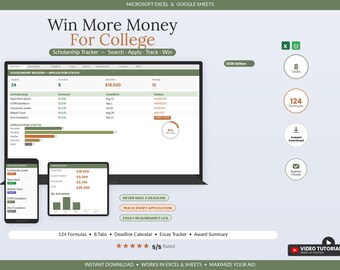 Feuille de calcul de suivi des bourses d'études | Planificateur d'aide financière aux études supérieures (Excel et Google Sheets) | Modèle de comparaison des lettres d'attribution FAFSA