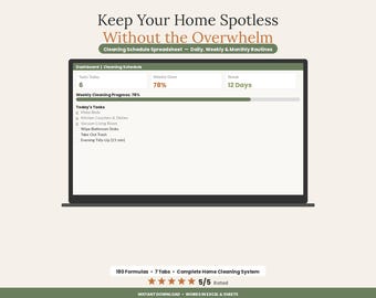 Modello di foglio di calcolo per la pianificazione delle pulizie / Pianificatore di gestione domestica in Excel e Google Sheets / Lista di controllo settimanale delle pulizie / Tabella delle faccende domestiche