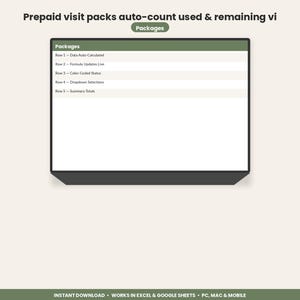 May include: A digital spreadsheet interface titled Prepaid visit packs auto-count used & remaining vi. The display features a table labeled Packages with five rows detailing data auto-calculated, formula updates live, color-coded status, dropdown selections, and summary totals.