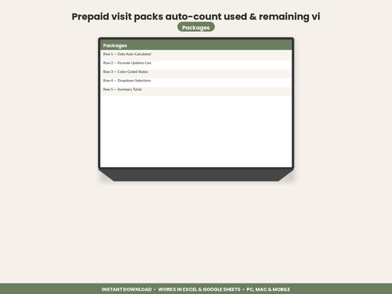May include: A digital spreadsheet interface titled Prepaid visit packs auto-count used & remaining vi. The display features a table labeled Packages with five rows detailing data auto-calculated, formula updates live, color-coded status, dropdown selections, and summary totals.