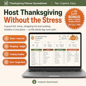 May include: A laptop screen displays a Thanksgiving Planner spreadsheet with sections for guest list, menu, shopping list, and cooking timeline. The interface includes budget tracking, a pumpkin graphic, and text reading Thanksgiving Planner Dashboard and Give Thanks.