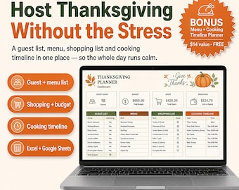 Thanksgiving Planner Spreadsheet Template Excel Google Sheets | Holiday Dinner Hosting, Guest List, Menu and Cost Per Person Calculator