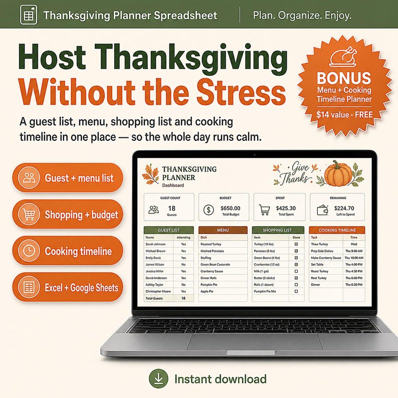 Thanksgiving Planner Spreadsheet Template Excel Google Sheets | Holiday Dinner Hosting, Guest List, Menu and Cost Per Person Calculator image 1