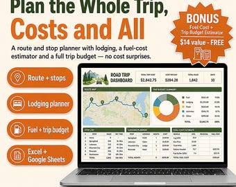 Road Trip Planner Spreadsheet | Road Trip Budget, Fuel Cost Calculator Excel Google Sheets | Gas Mileage, Itinerary & Packing Planner