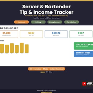 Hoja de cálculo para el seguimiento de propinas de camareros y bartenders / Registro de ingresos por propinas en Excel y Google Sheets / Seguimiento de turnos y reserva de impuestos para el personal de servicio