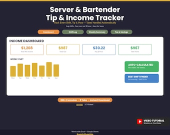 Server & Bartender Tip Tracker Spreadsheet | Tip Income Log Excel Google Sheets | Shift Tracker and Tax Set-Aside for Waitstaff