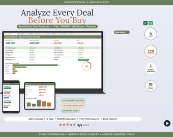 Foglio di calcolo per l'analisi delle transazioni immobiliari / Calcolatore per la compravendita di case in Excel e Google Sheets / Modello di analisi BRRRR per immobili da investimento