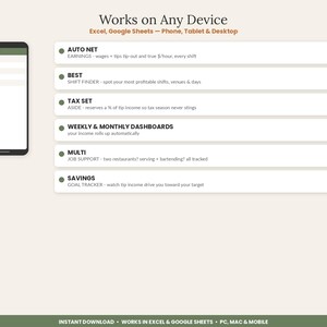 Hoja de cálculo para el seguimiento de propinas de camareros y bartenders / Registro de ingresos por propinas en Excel y Google Sheets / Seguimiento de turnos y reserva de impuestos para el personal de servicio imagen 6
