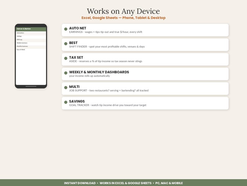 Hoja de cálculo para el seguimiento de propinas de camareros y bartenders / Registro de ingresos por propinas en Excel y Google Sheets / Seguimiento de turnos y reserva de impuestos para el personal de servicio imagen 6