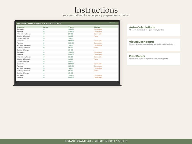 May include: A digital emergency preparedness household status tracker displayed on a screen. The interface features a table with categories, item counts, values, and status columns. Text boxes highlight auto-calculations, a visual dashboard, and print-ready features.