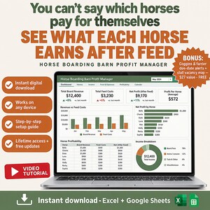 Könnte beinhalten: Ein digitales Dashboard mit dem Titel Horse Boarding Barn Profit Manager auf einem Laptop-Bildschirm. Die Benutzeroberfläche zeigt Diagramme, Tabellen und Finanzdaten zur Verfolgung von Einnahmen und Futterkosten.
