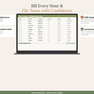 Pu&ograve; includere: Un registro digitale delle ore fatturabili visualizzato su uno schermo di un portatile con il testo Bill Every Hour & File Taxes with Confidence. Il foglio di calcolo include colonne per data, cliente, progetto, ore, tariffa e totale, con icone per il monitoraggio delle ore, il calcolo automatico dei totali, i report 1099 e i riepiloghi annuali.