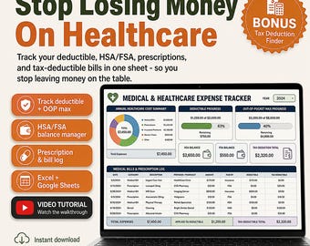 Medical Expense Tracker Spreadsheet Excel Google Sheets | HSA FSA Deductible & Insurance Claim Log | Healthcare Budget, Tax Deduction