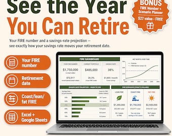 FIRE Calculator Spreadsheet Excel Google Sheets | Early Retirement & Financial Independence Planner | Coast FIRE, Monte Carlo, 401k