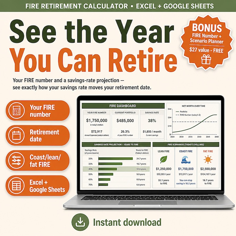 FIRE Calculator Spreadsheet Excel Google Sheets | Early Retirement & Financial Independence Planner | Coast FIRE, Monte Carlo, 401k image 1
