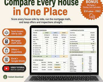 House Hunting Spreadsheet Excel | Home Buying Tracker & Comparison Scorecard (Google Sheets) | First Time Home Buyer Checklist