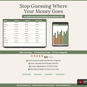 Small Business Bookkeeping Spreadsheet 2026 | Income Expense Profit Loss Tracker Dashboard | Easy Accounting Template Excel Google Sheets