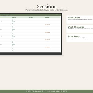 以下が含まれることがあります： Sessionsというタイトルのデジタルダッシュボード。Inquiries、Booked、Deposits Recd、Pendingなどの指標を表示する表があります。右側には、Visual Charts、What-If Scenarios、Export Readyという機能が記載された3つの白いボックスがあります。下部のテキストはINSTANT DOWNLOAD &bull; WORKS IN EXCEL & SHEETSです。