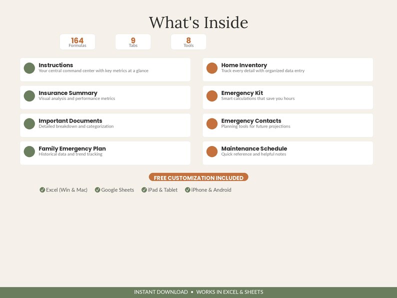 May include: A digital organizational dashboard titled What's Inside, featuring 164 formulas, 9 tabs, and 8 tools. It lists categories like Instructions, Insurance Summary, Important Documents, Family Emergency Plan, Home Inventory, Emergency Kit, Emergency Contacts, and Maintenance Schedule. Includes compatibility icons for Excel, Google Sheets, iPad, Tablet, iPhone, and Android.