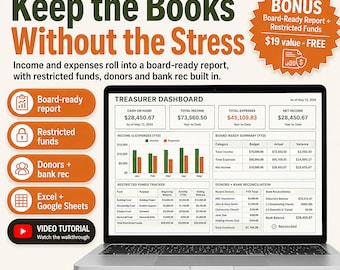 Nonprofit Church Treasurer Spreadsheet Template Excel Google Sheets | Donation Tracker, Restricted Fund and Budget Board Report Dashboard