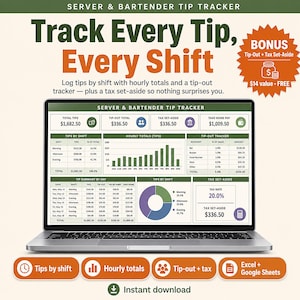 May include: A digital server and bartender tip tracker displayed on a laptop screen. The interface features tables for tips by shift, hourly totals, tip-out tracking, and tax set-aside calculations, including a pie chart and bar graph for data visualization.