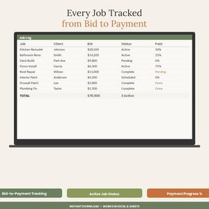 May include: A digital job log spreadsheet displayed on a screen with the header Every Job Tracked from Bid to Payment. The table lists columns for Job, Client, Bid, Status, and Paid, with rows detailing various construction projects and financial data.