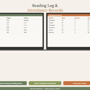 May include: A digital document titled Reading Log & Attendance Records featuring two tables. The left table tracks book titles, page counts, and status. The right table records monthly attendance, days, absences, and totals. Three buttons appear below.