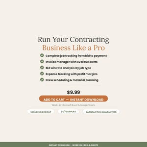 May include: A digital product listing for a contracting business management tool. Text reads: Run Your Contracting Business Like a Pro, complete job tracking, invoice manager, bid win rate analysis, expense tracking, and crew scheduling.
