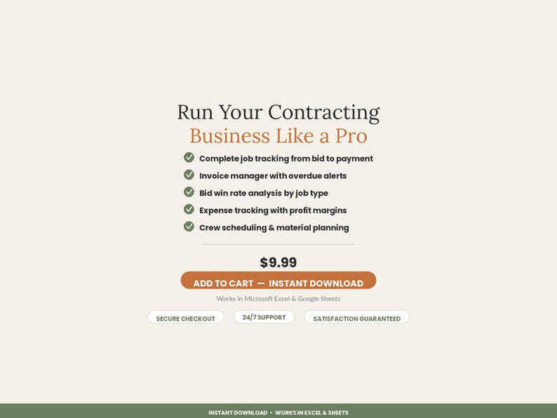 May include: A digital product listing for a contracting business management tool. Text reads: Run Your Contracting Business Like a Pro, complete job tracking, invoice manager, bid win rate analysis, expense tracking, and crew scheduling.