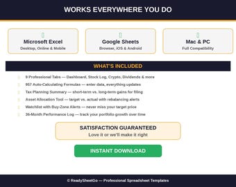 Stock Crypto Portfolio Tracker Spreadsheet | Investment Tracker Excel Google Sheets | Dividend Tracker Tax Summary Asset Allocation