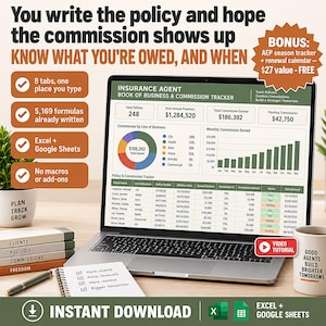 May include: A digital insurance agent book of business and commission tracker displayed on a laptop screen. The dashboard features a pie chart, a monthly commission bar graph, and a policy table. Text includes 'INSURANCE AGENT BOOK OF BUSINESS & COMMISSION TRACKER' and 'INSTANT DOWNLOAD'.