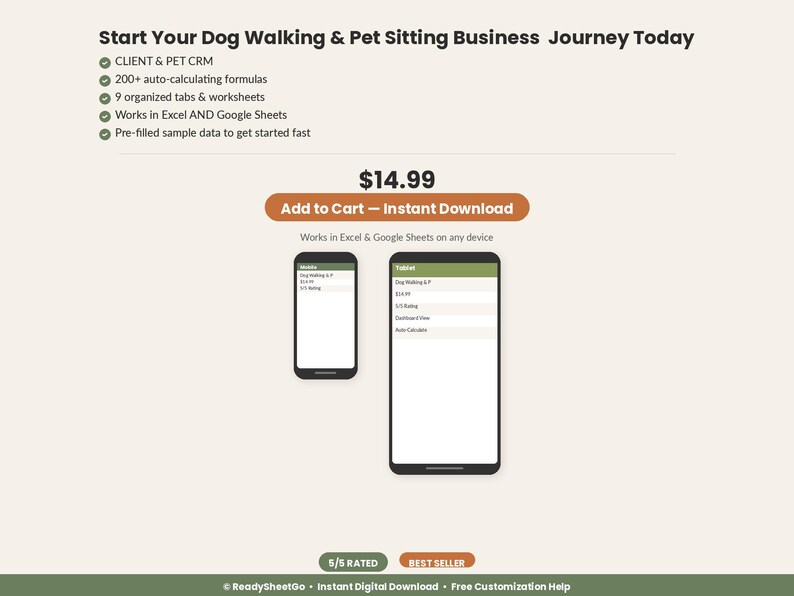 May include: A digital business management tool for dog walkers and pet sitters, featuring text that reads Start Your Dog Walking & Pet Sitting Business Journey Today, Client & Pet CRM, 200+ auto-calculating formulas, 9 organized tabs, and worksheets.