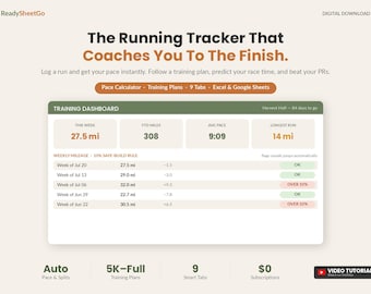 Running Tracker Spreadsheet | Race Training Plan & Pace Calculator | 5K 10K Half Marathon Log Excel Google Sheets Template