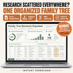 Family Tree Spreadsheet Template Excel Google Sheets | Genealogy Research Organizer, Pedigree Chart, DNA Match, Census and Ancestry Log image 1