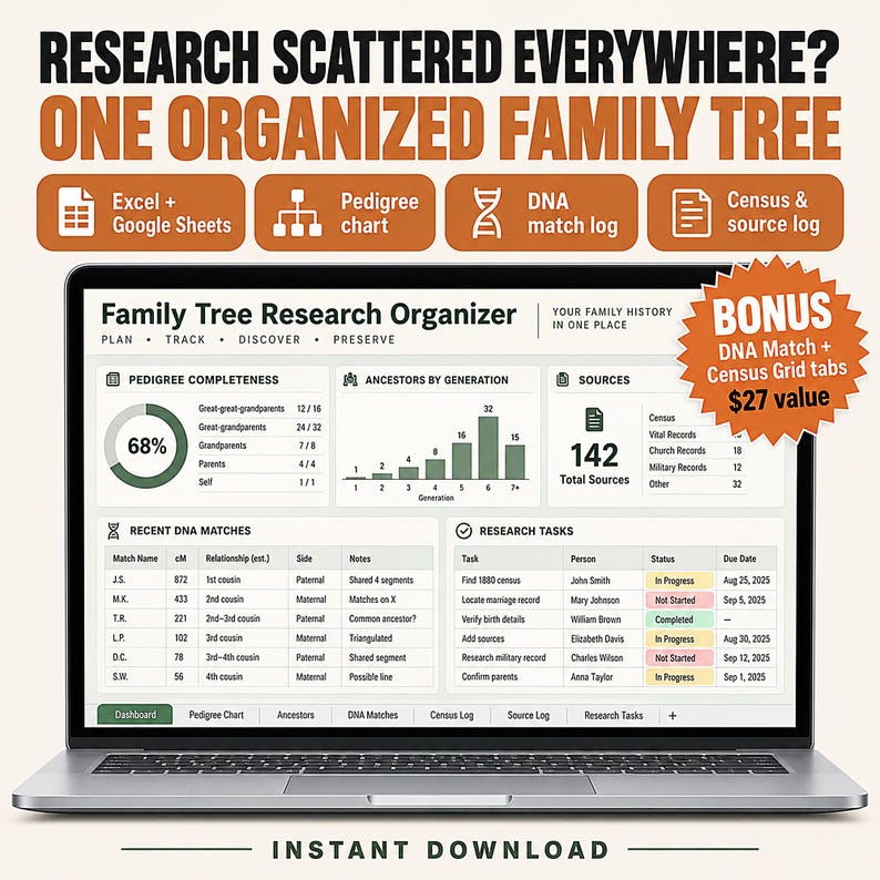 Family Tree Spreadsheet Template Excel Google Sheets | Genealogy Research Organizer, Pedigree Chart, DNA Match, Census and Ancestry Log image 1