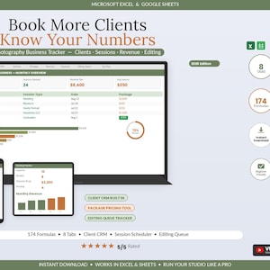 写真ビジネストラッカー｜顧客CRM、セッションカレンダー、請求書テンプレート（Excel/Googleスプレッドシート） 画像 1