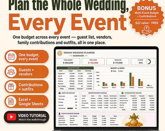 South Asian Wedding Planner Spreadsheet | Multi-Event Budget, Guest List, Vendor Tracker (Digital Download)