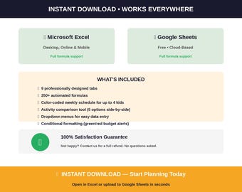 Summer Camp Budget Planner Spreadsheet | Kids Activities Tracker Excel Google Sheets | Summer Schedule Organizer Template