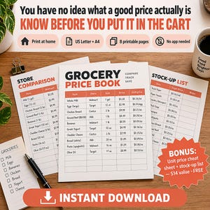 Grocery Price Book Printable, Grocery Price Comparison Tracker, Unit Price Cheat Sheet, Stock Up Planner, Letter A4