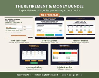 Pack retraite et finances | Conversion Roth, frais médicaux, portefeuille, assurances, gestion successorale | Outils de suivi Excel et Google Sheets