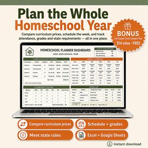 Homeschool Planner Spreadsheet | Curriculum Budget Tracker Gradebook Attendance Log | Multi Child 2026-2027 School Year Excel Google Sheets image 1