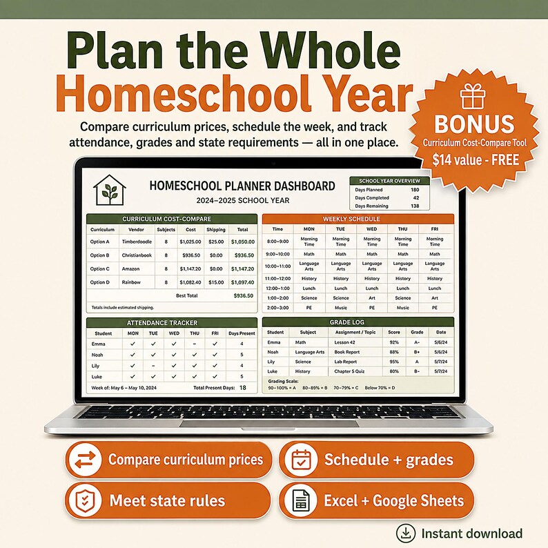Homeschool Planner Spreadsheet | Curriculum Budget Tracker Gradebook Attendance Log | Multi Child 2026-2027 School Year Excel Google Sheets image 1