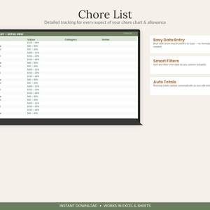 Może przedstawiać: Cyfrowy szablon arkusza kalkulacyjnego z listą obowiązk&oacute;w wyświetlony na ekranie. Interfejs zawiera kolumny Item, Value, Category i Notes. Pola tekstowe po prawej stronie podkreślają funkcje: Easy Data Entry, Smart Filters oraz Auto Totals.