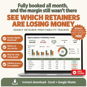 Puede incluir: Un rastreador digital de rentabilidad de retenciones de agencia mostrado en una pantalla de portátil, con tablas de datos, gráficos de barras y un gráfico circular de desglose de márgenes. Incluye columnas de clientes, costes y márgenes.