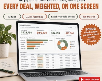 Client CRM Spreadsheet Template Excel Google Sheets | Sales Pipeline Tracker, Lead Follow Up, Weighted Forecast for Small Business