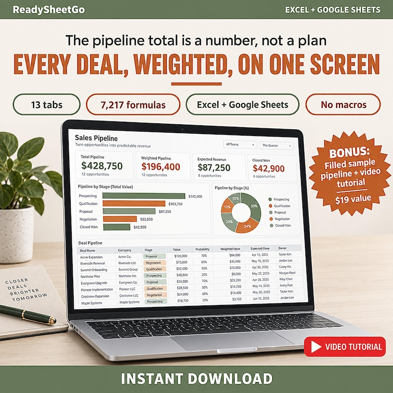 Client CRM Spreadsheet Template Excel Google Sheets | Sales Pipeline Tracker, Lead Follow Up, Weighted Forecast for Small Business image 1