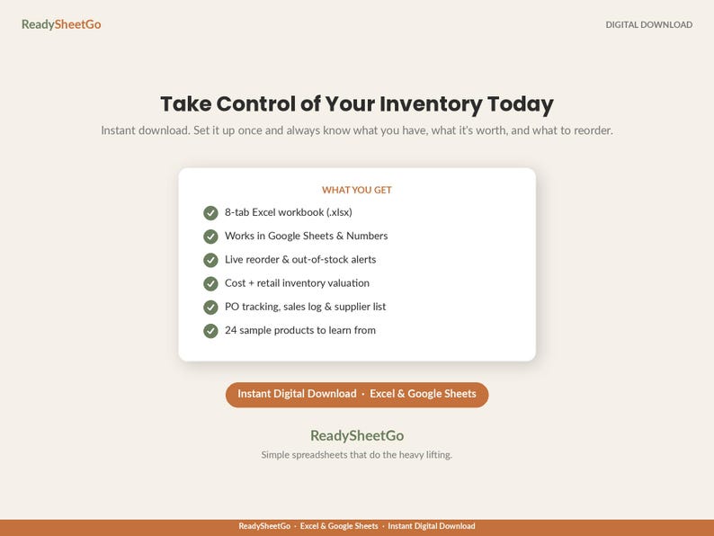 May include: A digital download product page for ReadySheetGo featuring an 8-tab Excel inventory workbook. The text includes Take Control of Your Inventory Today, What You Get, and lists features like live reorder alerts, valuation, and PO tracking.