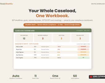 IEP Caseload Manager Spreadsheet | Special Education Deadline Tracker, Goal & Service Minutes Log | Excel Google Sheets Template