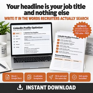 LinkedIn Profile Optimizer & Resume Keyword Kit, Headline and About Templates, Job Search Worksheets, Editable Word Docs