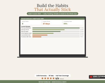 Habit Tracker Spreadsheet Excel Google Sheets | ADHD Daily Weekly Monthly Goal Planner | Streak Tracker Productivity Routine Dashboard 2026